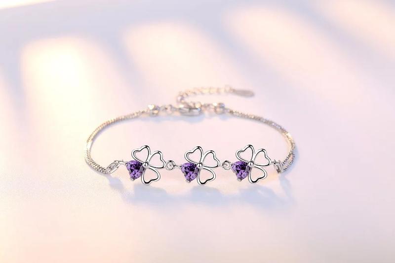 Product Introduction of Lucky Four Leaf Clover 925 Sterling Silver Original Jewelry Purple Crystal Link Chain Charm Bracelet for Women 2