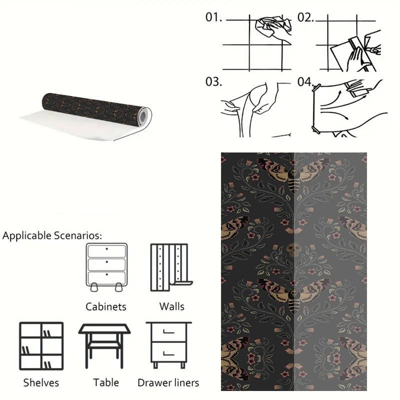 Skull Head Moth Pattern Wall Sticker, 1 Roll Waterproof Self-adhesive Wallpaper, Removable Wall Decal for Home Living Room Bedroom Dormitory Decor 2
