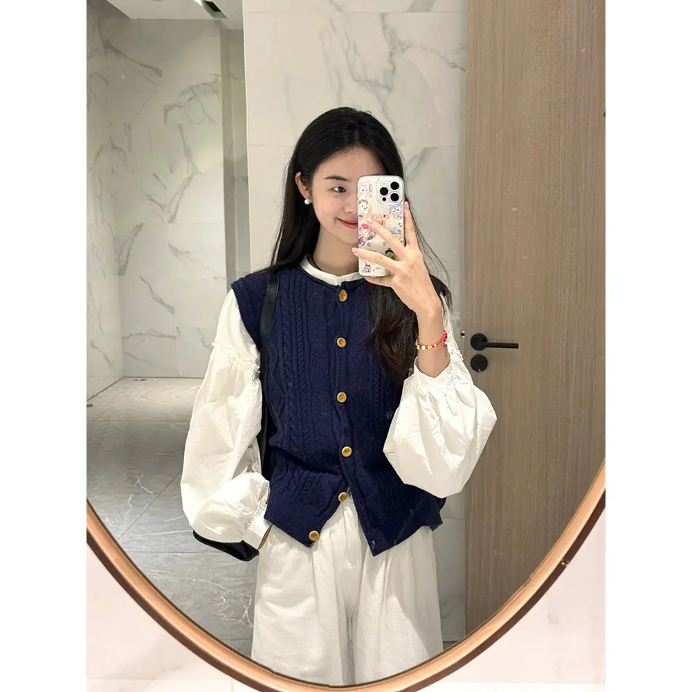 Áo Len Và Áo Vest Dệt Kim, Màu Xanh Đậm, Thiết Kế Xoắn Lười Biếng, Dễ Thương, Dành Cho Nữ, Bộ Đồ Hai Mảnh, Áo Sơ Mi Dài Tay Mùa Thu, Trông Trẻ Trung