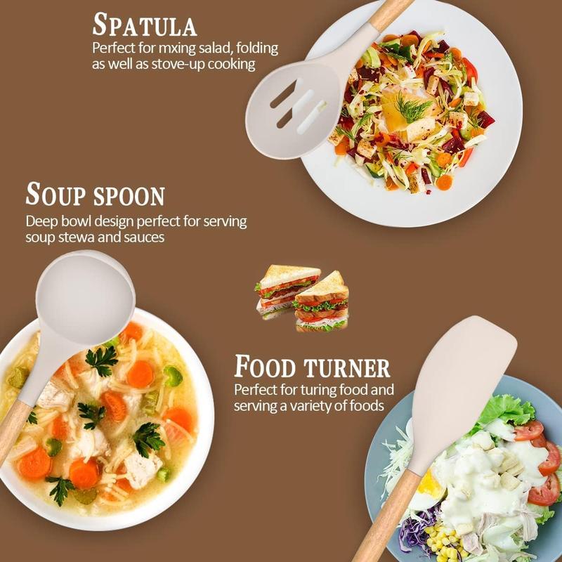 Product Introduction of Silicone Cooking Utensils Set with Wooden Handle (12pcs/set), Non-stick Spatula Set, Kitchen Cooking Utensils Set, Birthday Gift Ideas, Kitchen Gadgets Utensil Set, Gift for Boyfriend, Cute Homeware, Christmas Gifts 2