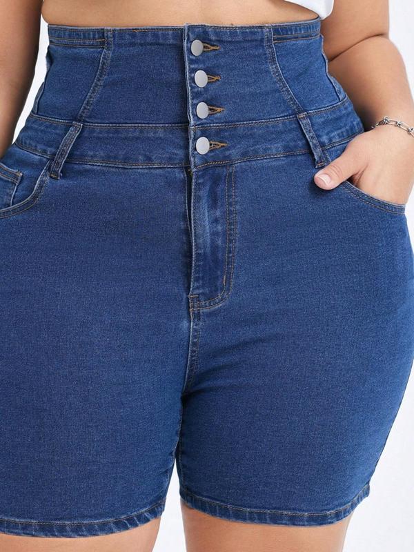 【Plus Size】Solid Color Denim Shorts, Casual Comfy Button Fly Skinny Shorts for Daily Wear, Women's Bottoms for All Seasons 2
