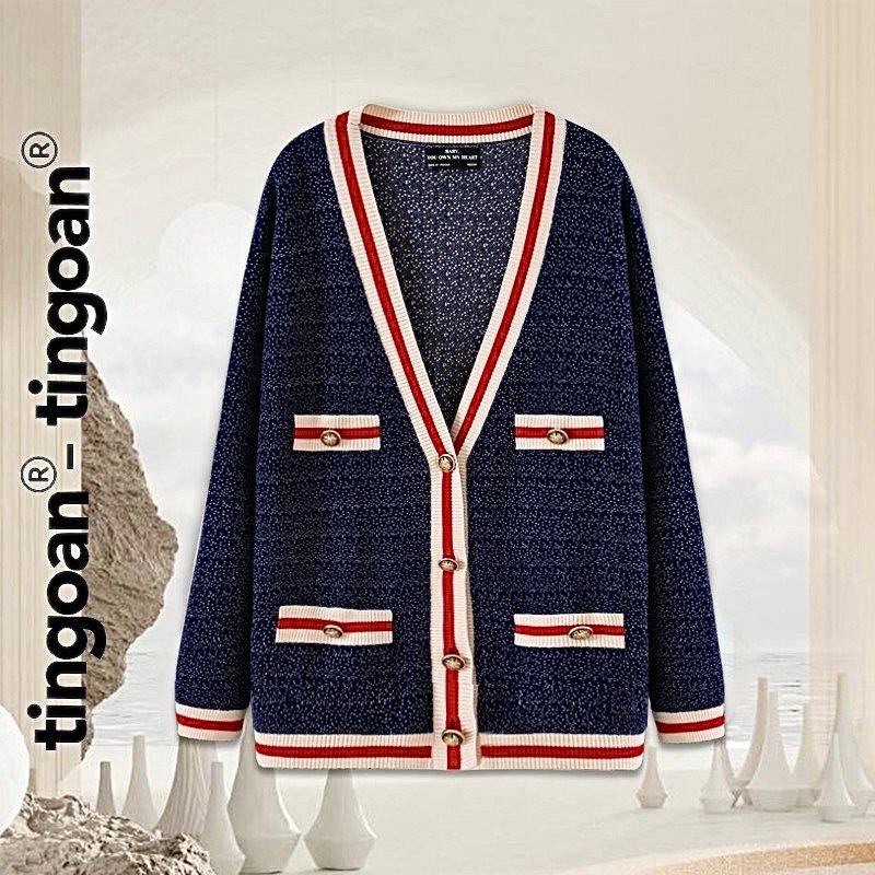  TINGOAN - Áo khoác cardigan len xù xanh than viền RAINBOW BABY CARDIGAN DEEP BLUE 