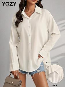 YOZY Women's Plain Pleated Button Front Shirt, Casual Drop Shoulder Long Sleeve Collared Top, Women's Clothing for Daily Wear
