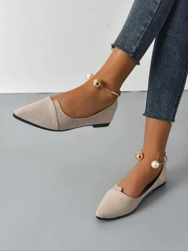 Women's Fashionable Faux Pearl Decorated Pointed Toe Flats, Elegant Ankle Strap Flats for Party, Daily Clothing Decor, Trendy All-match Shoes for Women & Girls 4