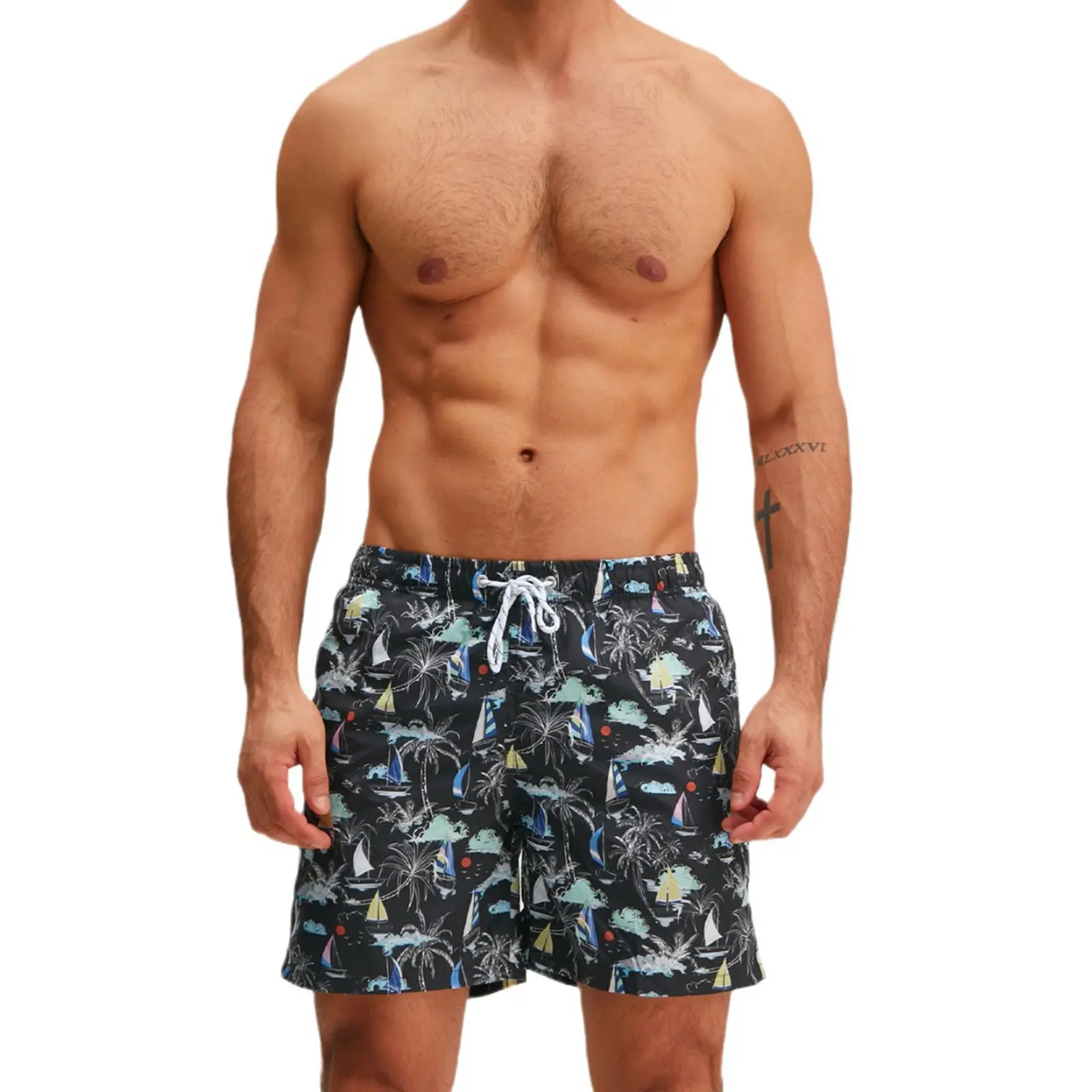 Men Swimming Trunks, Drawstring Elastic Waist Sailboat/Leaves/Tree Print Summer Beach Shorts Swimwear