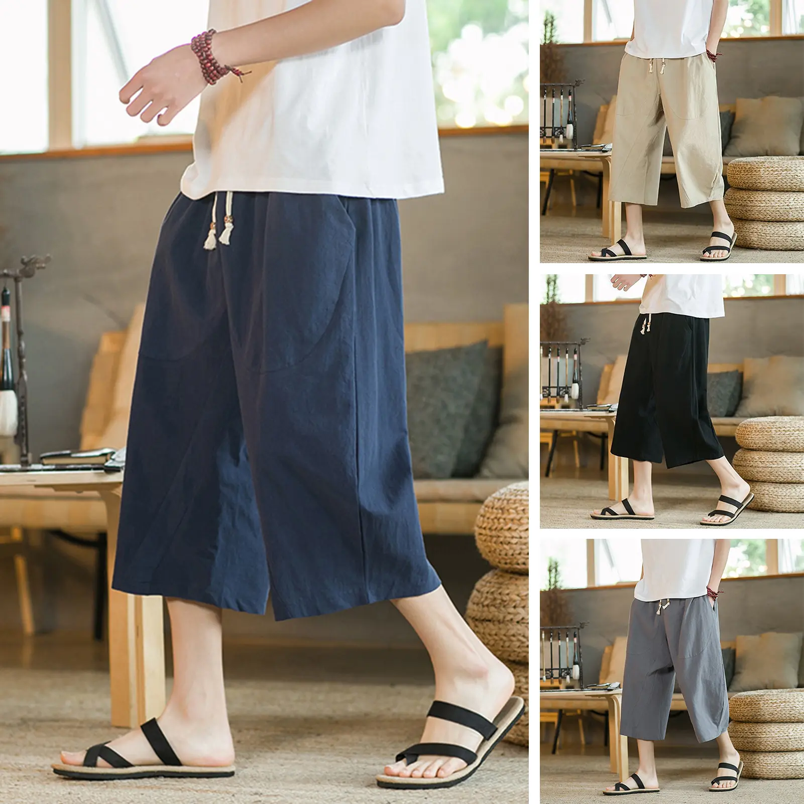 Lefeile Men Summer Pants Drawstring Elastic Waist Solid Color Mid-calf Length Pockets Daily Wear Wide Leg Plus Size Men Summer Trousers Men Clothes