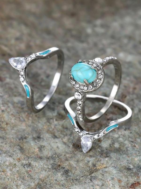 Fashion Boho Style Turquoise & Rhinestone Decor Rings, 3 Counts Temperament Rings, New Trend Hand Jewelry for Women & Men,fashion Jewelry for Party, Daily Clothing Decor, Trendy All-match & Exquisite Jewelry for Birthday Gift, Unique Rings 2