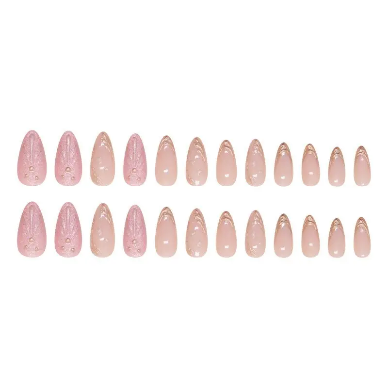 3D Shell & Water Drop Decor Fake Nails with Nail File & Tape, 24pcs/box Short Almond False Nails for Women & Girls DIY Nail Art, Effortless Press on Nails Manicure Set 5