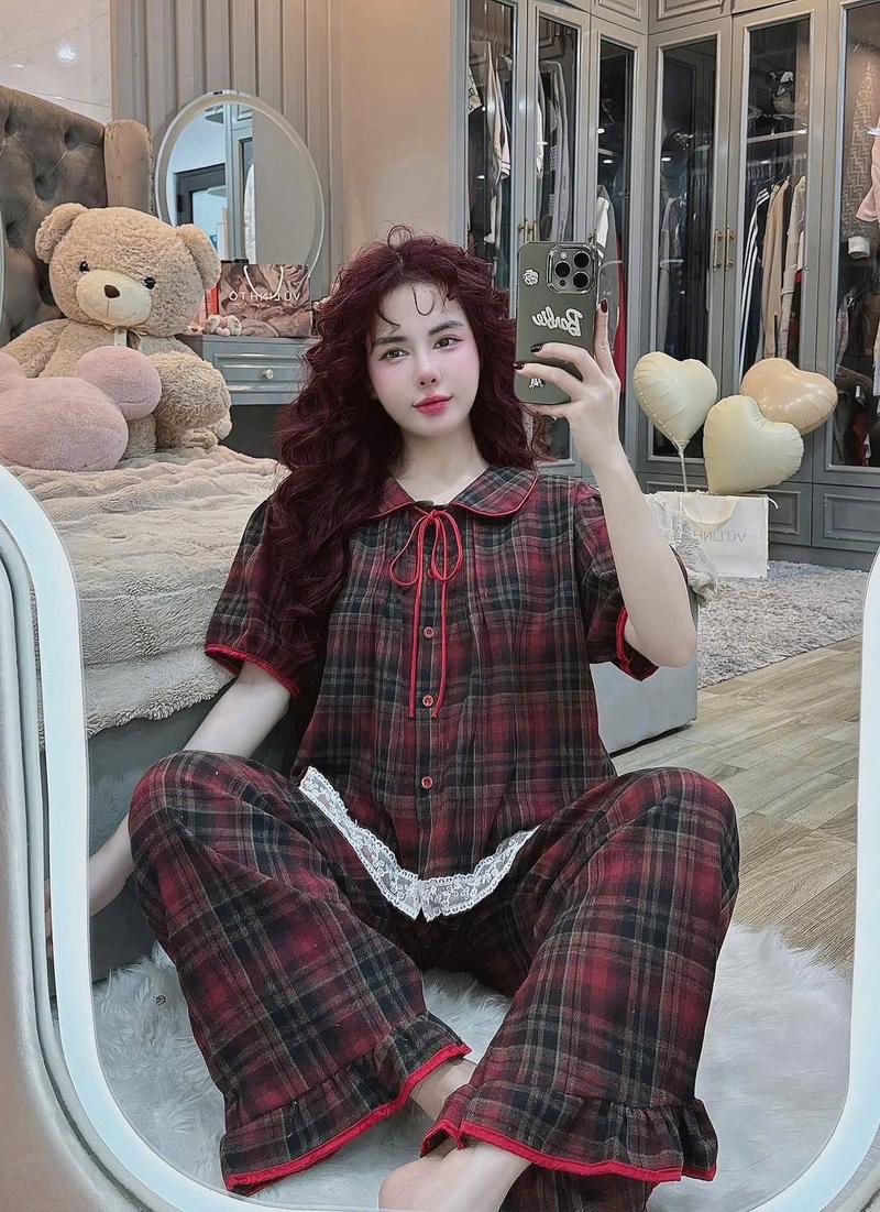 Product Introduction of Bộ pijama dạ ép kẻ cổ sen dây buộc quần ống xuông xinh xắn Nhung 8