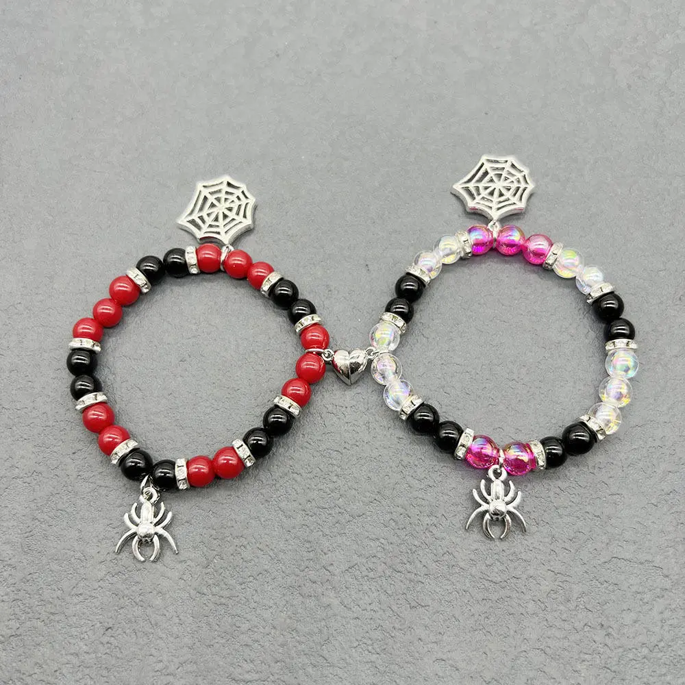 Red Halloween couple bracelet Handcrafted Handmade Black Red and black beaded bracelet Spider pendant Hand decorated Hand decorated bracelet for