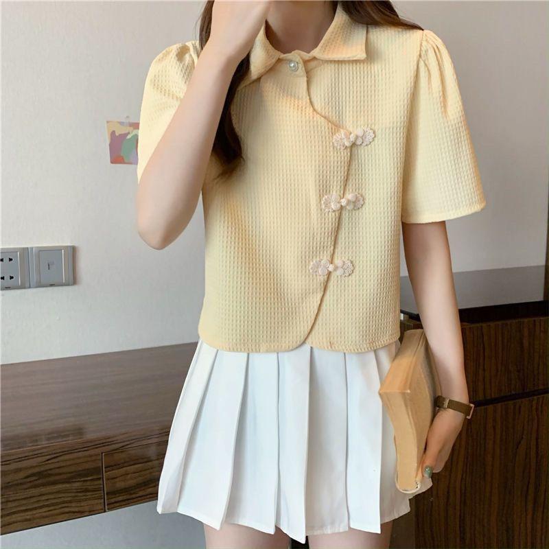Product Introduction of Cheongsam Button Polo Collar Short-Sleeved Shirt Women's Summer 2025 New Design Sense Niche High-Grade Short Shirt Fashion Top Womenswear Blouse Lingerie Casual Comfort Basic Collared Minimalist 4