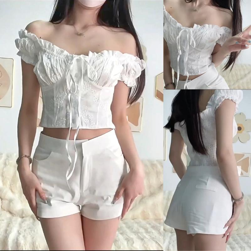 Áo Cánh Trễ Vai Phong Cách Thanh Lịch Kiểu Pháp, Buộc Dây Một Bên Ngực, Thêu, Áo Crop Top Gợi Cảm Tay Mùa Hè Trơn Cho Nữ Trắng