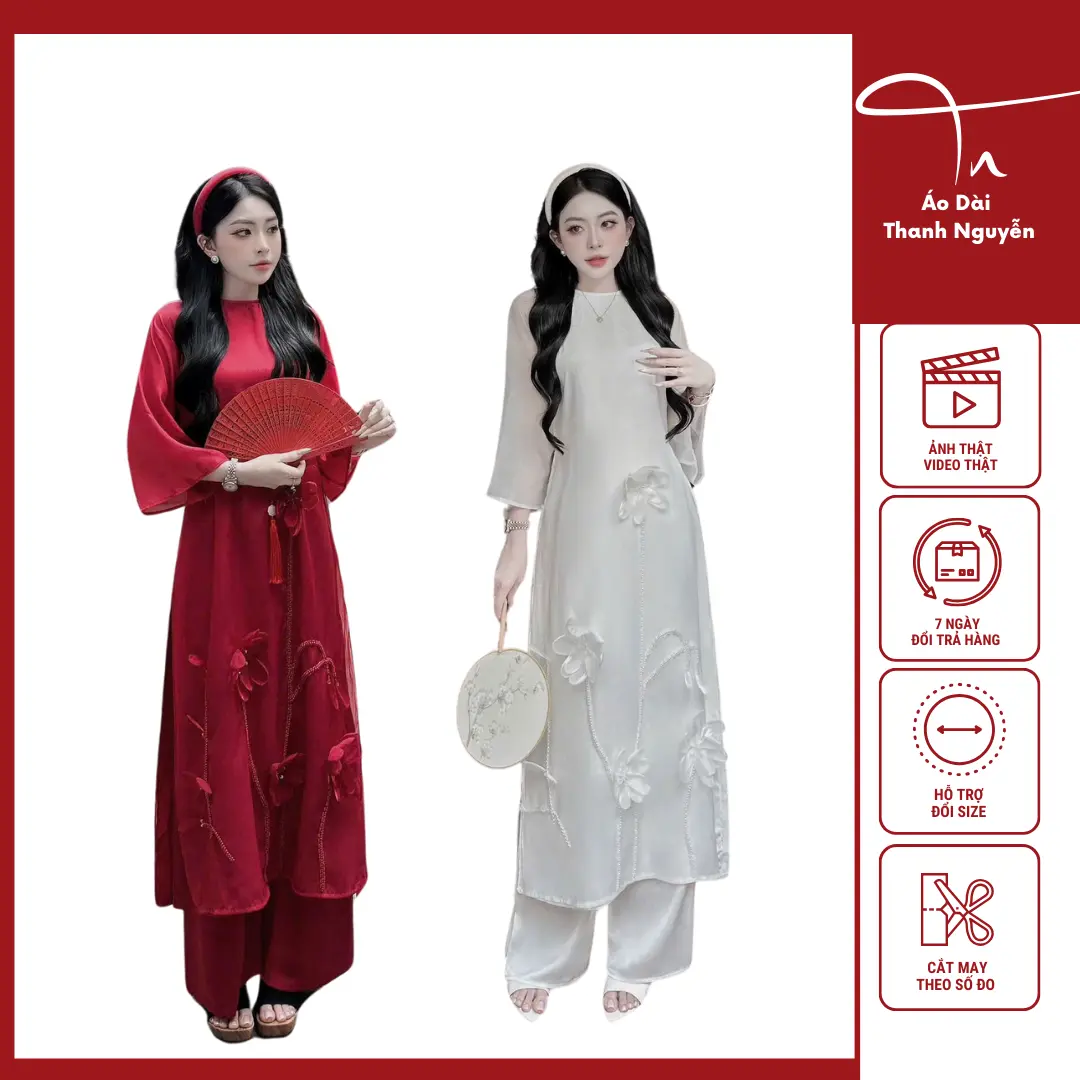 Áo Dài Cách Tân Dáng Suông - Chất Voan Tơ Ánh 4 Tà Họa Tính Đính Thủ Công Cao Cấp (Tơ Ánh Hoa Voan) Nữ Women