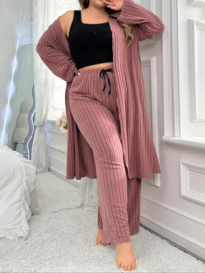 Product Introduction of 【Plus Size】 Solid Crop Top & Wide Leg Pants & Open Front Long Sleeve Outwear Loungewear Three-piece Set, Casual Comfy Pyjama Set for Women, Women's Sleepwear for All Seasons 6