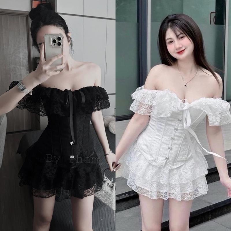 BIGSIZE HIẾU HIẾU (55-95KG) - Set Áo cúp trễ vai cột nơ phối ren + Chân váy ren tầng cực xinh