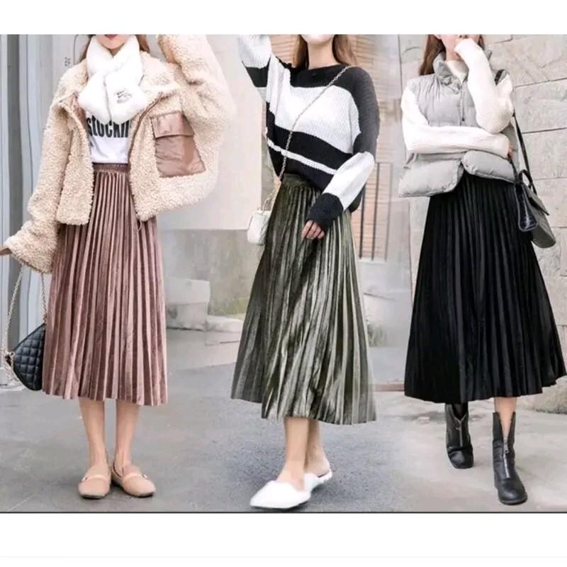 NEW!!! Rok plisket 7/8 bludru Velvet all size Fit Karet Mewah Wanita Nyaman Melar 3