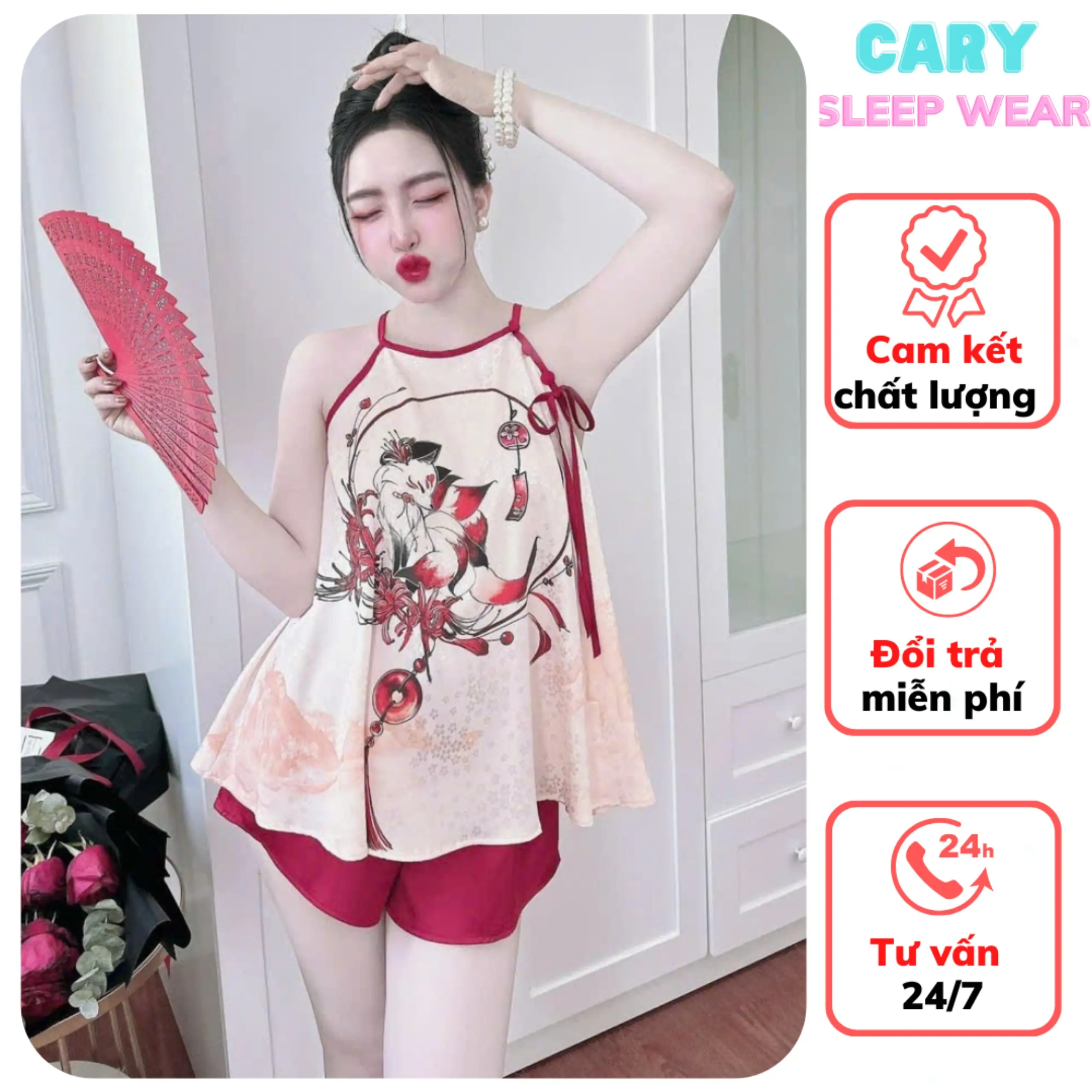 Đồ ngủ quyến rũ, set yếm xinh mặc ngủ 40-58kg lụa phi mặc mát mùa hè CARY Nữ Women Áo