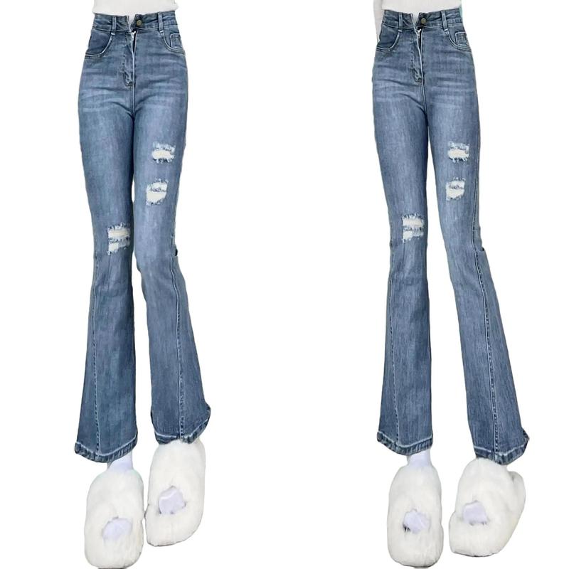 (Chất Đẹp ) Quần jeans ống loe màu xanh nhạt rách nhiều Yến Tee, chất jeans cotton mềm, co dãn tốt Nữ Women Pants
