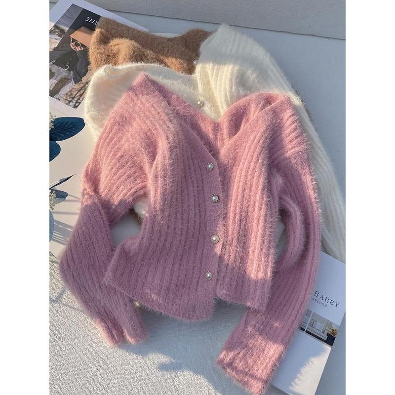 Sweater Merah Jambu, Berkait, Lengan Panjang, Leher V Lanjutan ...