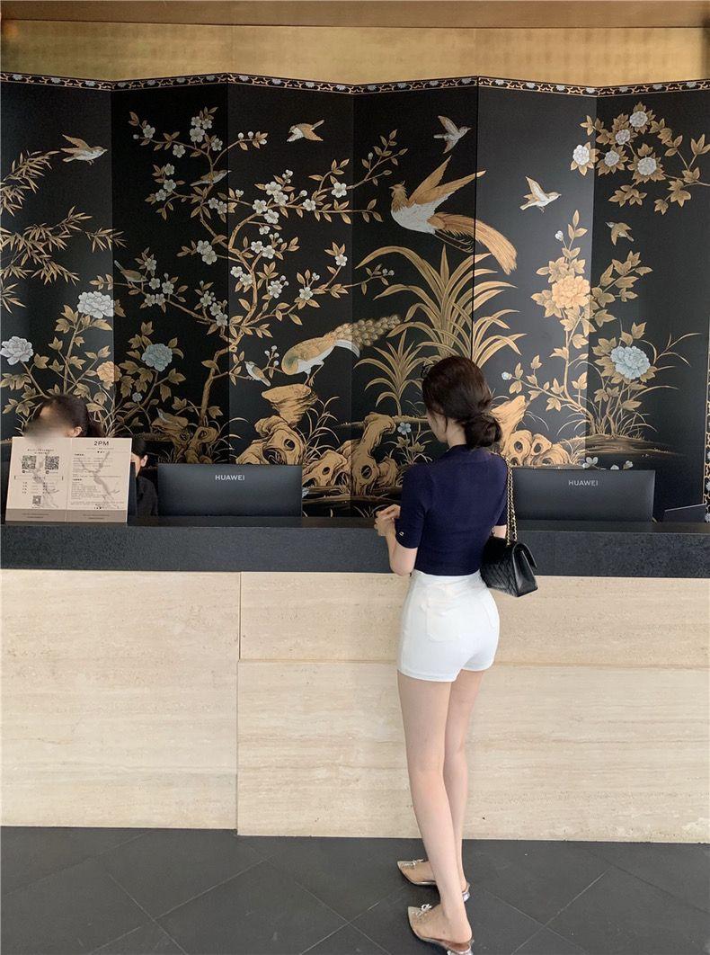 Product Introduction of CQ-Korean Style Ribbon  Short-Sleeved Knitted T-shirt Women's Summer Waist Elegant Slightly Mature Style Chic Blue Top SS24 [1470] 11