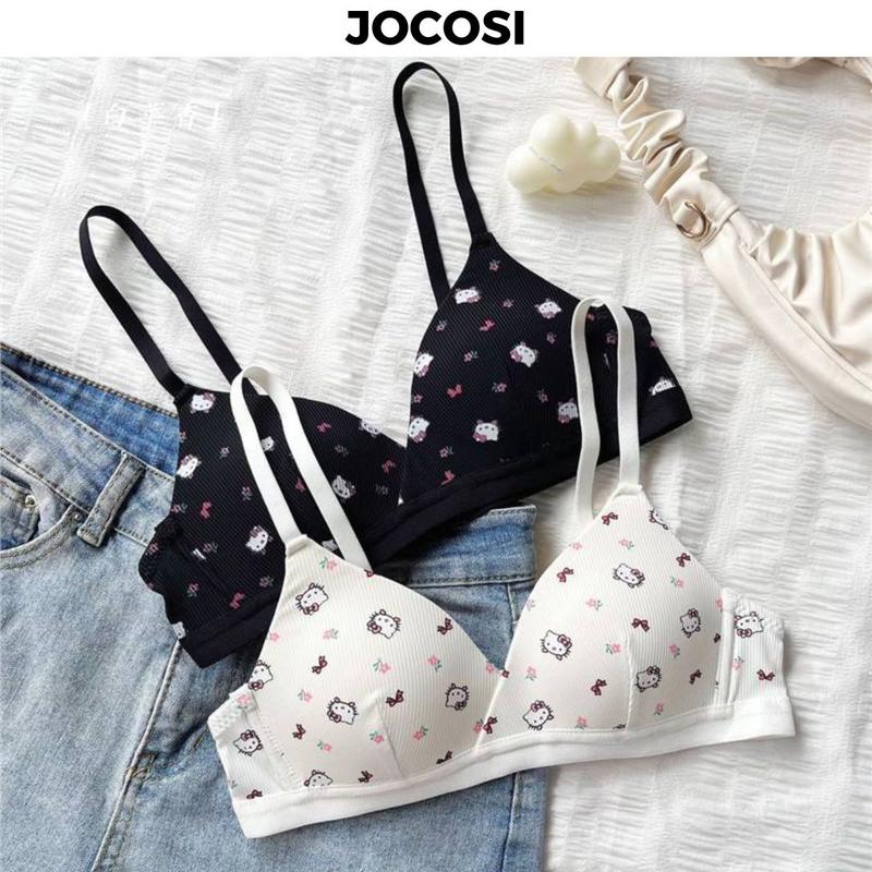 Áo ngực nữ không gọng dây mảnh đệm mút mỏng nhẹ thoáng khí - Áo lót nữ su họa tiết hello kitty cute JOCOSI A224 Women Bra Nhung Top Trắng nội  y  nữ
