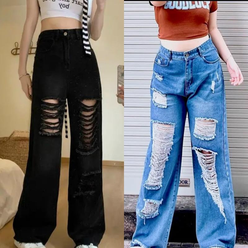Size 55-90kg Quần Jean Nữ Ống Rộng Bigsize - Rách Tả Tơi - Lưng Cao - Không Co Giãn - Dài 103cm - Xanh 4454 Đen 4523 Pants Ong Women Loang