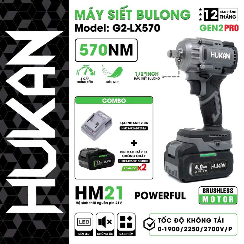 [Chính hãng] Máy siết bulong pin Hukan G2-LX570 Gen2 Pro lực siết 570Nm, động cơ không chổi than, chuyên mở ốc tay ga, xe máy, oto