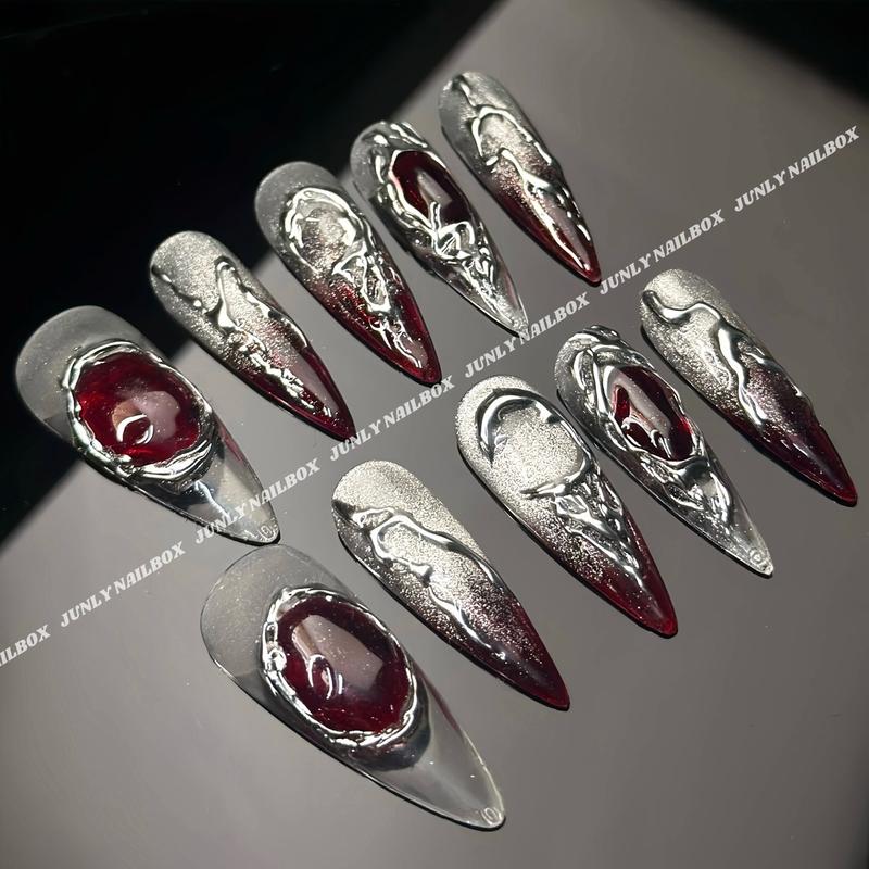 Mã 215 JUNLY Nailbox Thiết Kế Móng Tay Giả Mắt Mèo Đỏ Tráng Gương Chụp Ảnh Tết Lắp Lánh Thánh Giá - Bộ Kit 10 Nail Keo Mini Dán Nail Chuyên Dụng Làm Nail choco