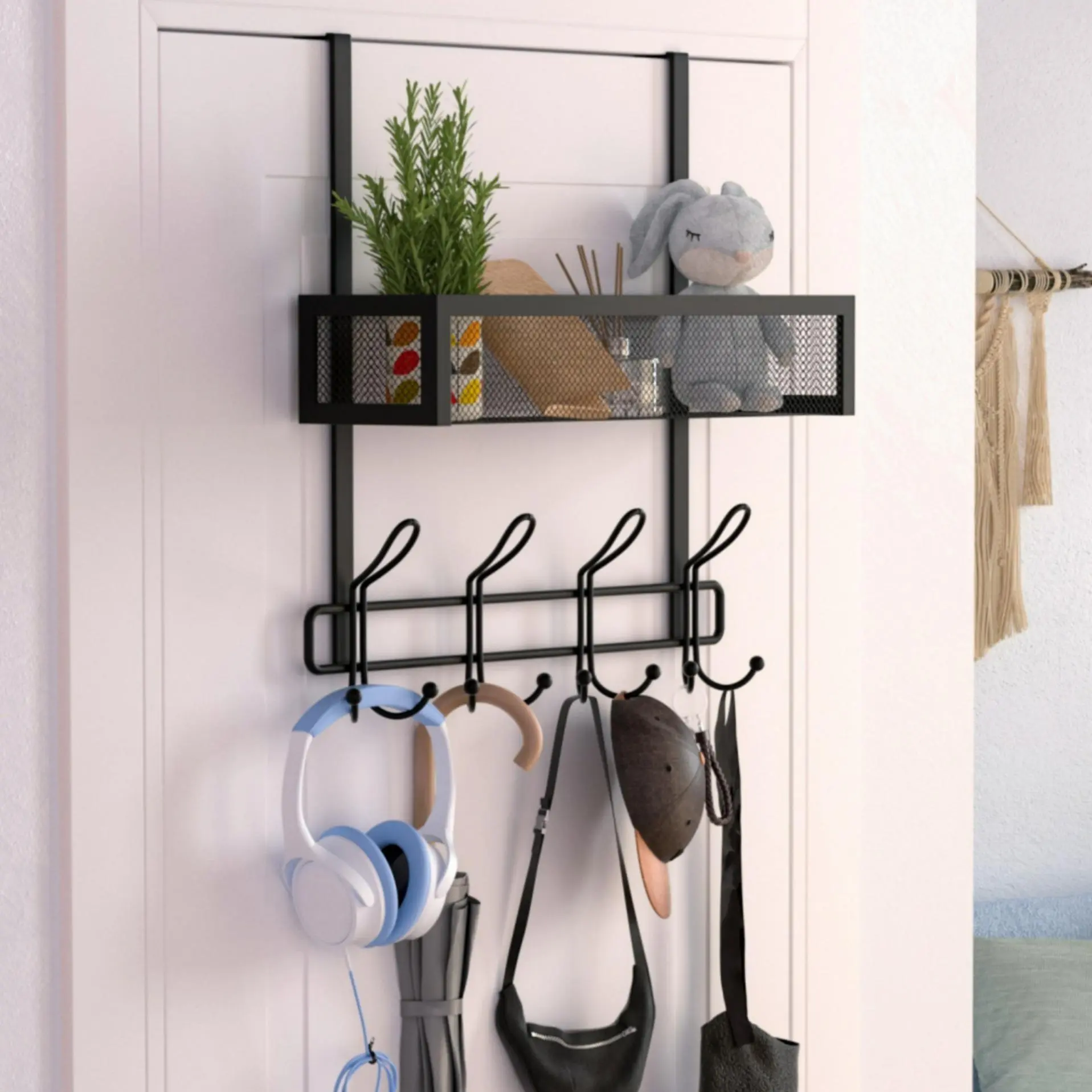 Over The Door Hooks Organizer, Multifunctional Wall Mounted Storage Rack with 12 Hooks & Mesh Basket, Hanging Shelf, Home Organizer for Bathroom, Bedroom, Kitchen, Office, Hotel, Dormitory, Interior Decoration Items