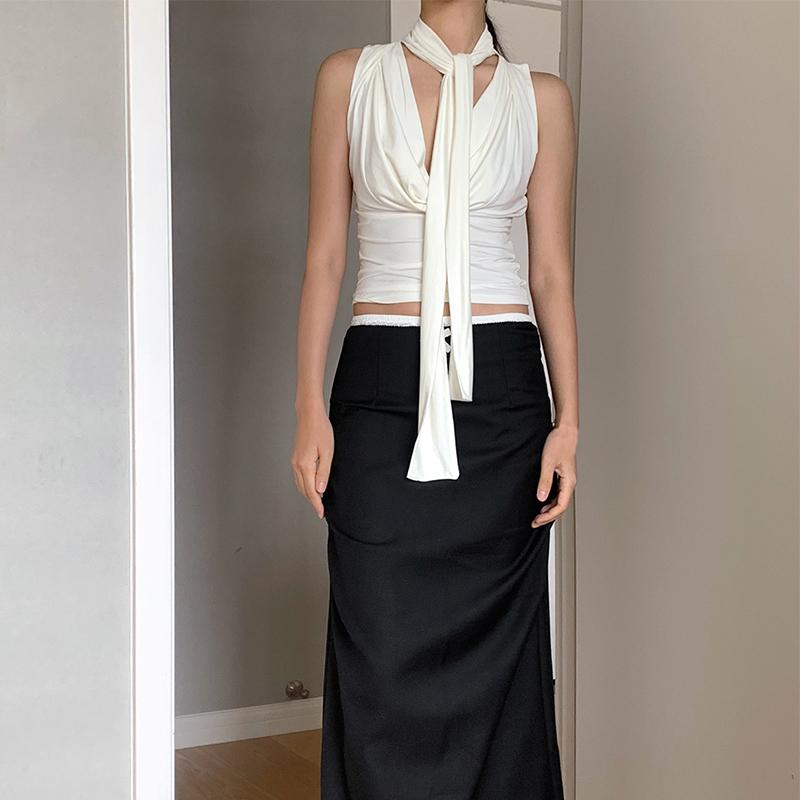 Crop Top Serut Atasan Wanita Korean Tank Top Atasan Tanpa Lengan Serbaguna Kerah Halter Leher Gantung Camisole Seksi Pas Badan Pita Tali Leher Perut Terbuka