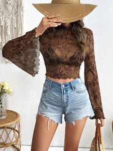 Women's Floral Print Flared Sleeve Tulle Tee, Casual Long Sleeve Top for Spring, Women's Clothing for Daily Wear