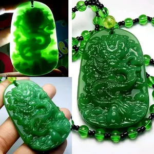 Kalung Liontin Hoki Giok Hijau Ukir Naga Tembus Cahaya