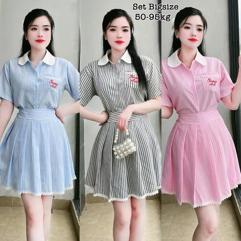 Set Áo Sơ Mi Nữ Tay Ngắn Form Rộng Phối Chân Váy Xếp Ly Bigsize Xinh Đẹp Cao Cấp Dễ Thương Freesize 50-95kg Top Áo Sơ Mi Croptop Women - 2347