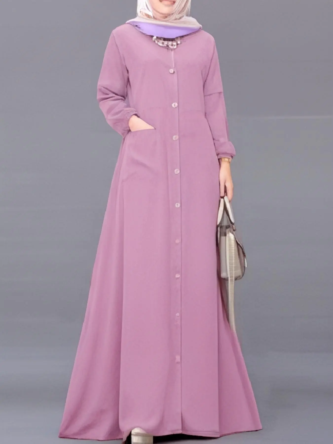 Women's Plain Buttons Long Sleeve Maxi Dress, Casual Round Neck Dress for Party Club Dating Wear, Modest Ladies Clothes for All Seasons