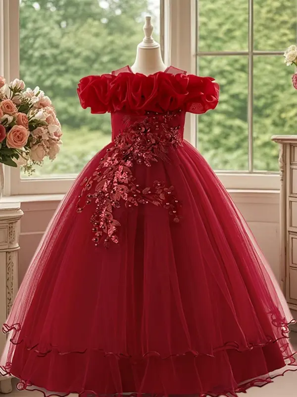 Off Shoulder Sequin Tulle Party Princess Dress, Elegant Floral Embroidery Sweater Dress for Evening Party, Kids Clothes for Summer 7