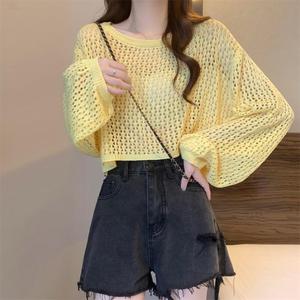 Fashionable Long Sleeve Hollow Out Short Top for Women Summer Thin Sun Protection Blouse Waist-Cinching T-Shirt Knitted Top