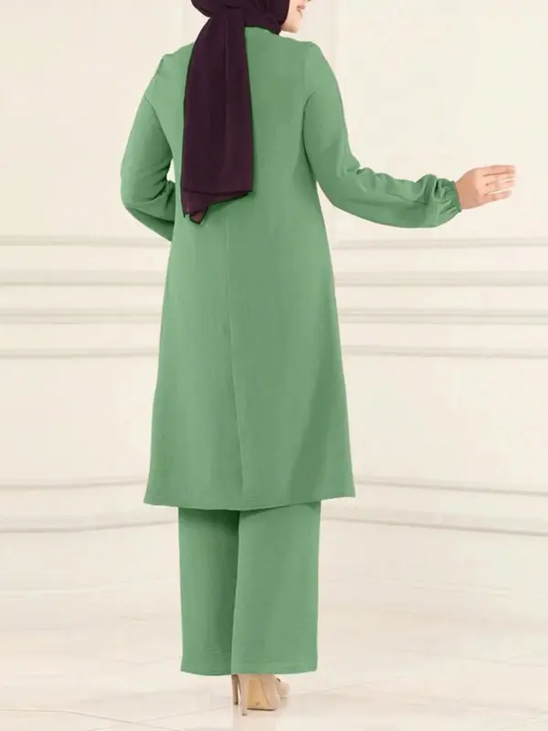 Women's Plain Contrast Sequin Bishop Sleeve Round Neck Top & Wide Leg Pants Islamic Set, Casual Long Sleeve Top & Trousers for Daily Wear, Ladies Islamic Clothing for All Seasons,abaya for women 8