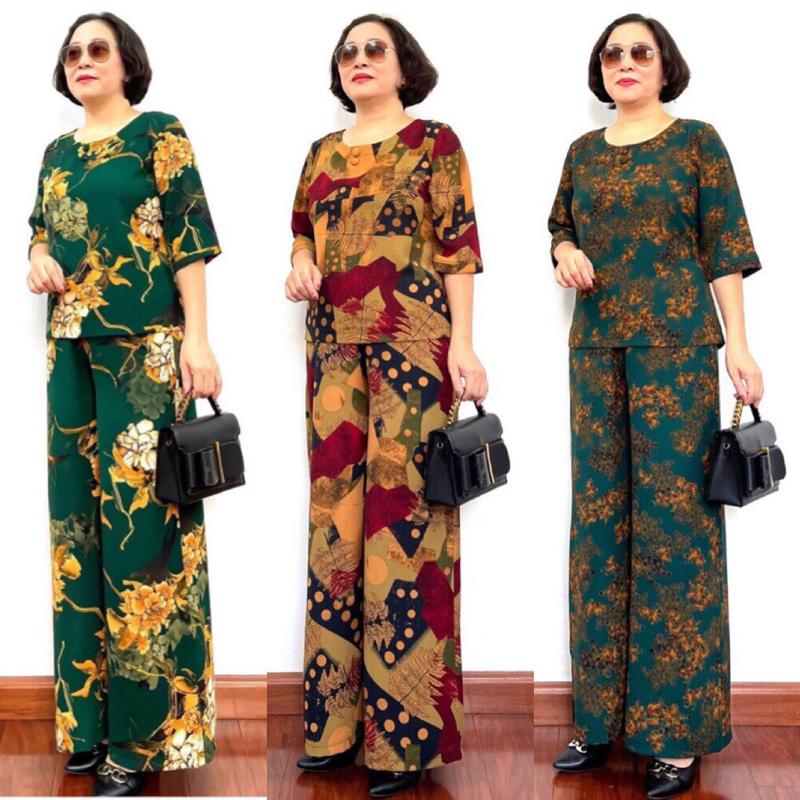 Đồ Bộ Trung Niên Áo Tay lỡ quần dài ống rộng chất cát lụa hàn châu Nữ Top