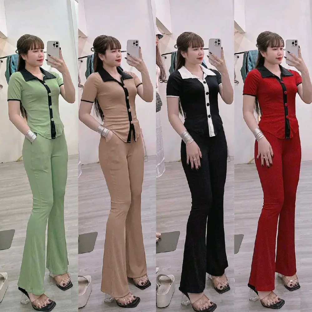 N178 ĐỒ BỘ NỮ ÁO ÁO  CỔ BẺ  VIỀN  NÚT BỌC  QUẦN  DÀI LOE gân tâm lạnh  dưới  65kg đỗ lại vừa women top