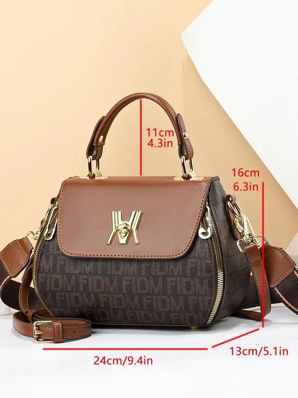Women's Fashionable Letter Pattern Pu Leather Handbag, Zipper Crossbody Bag, Casual Trendy Versatile Daily Commuting Bag for Women 1