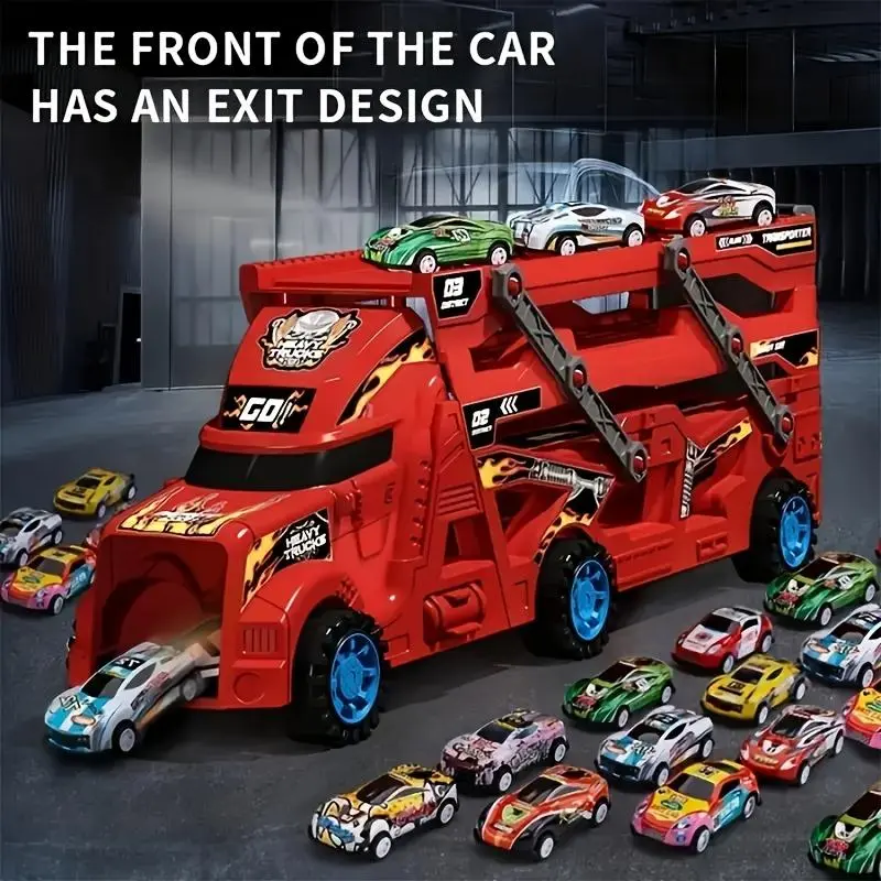 Transformer Ejection Truck Toy Set, 1 Set Foldable Transport Truck Toy Including 6 Counts Small Car Toy, Model Toy for Boys & Girls 7