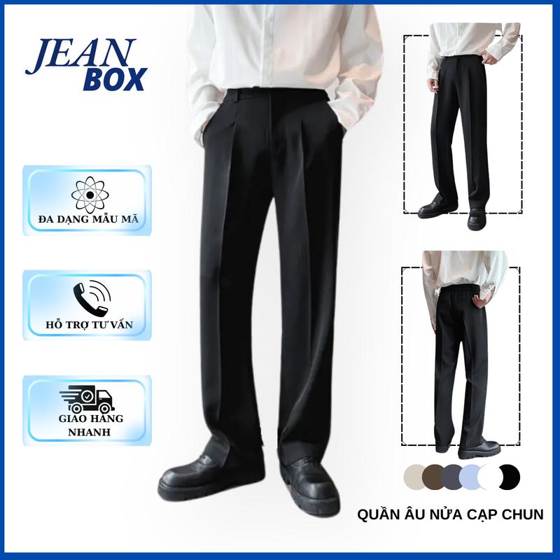  Quần âu nam nữ nửa cạp chun ống suông màu đen JEAN BOX phong cách Hàn Quốc Pants Menswear Có Túi Có Túi 