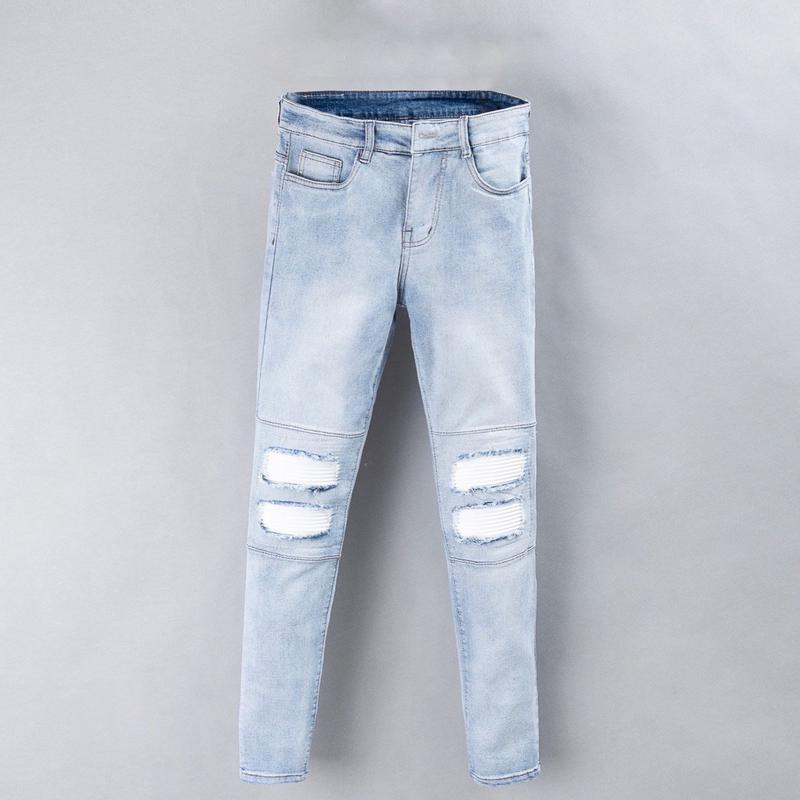  Quần jean dài nam màu xanh kiểu rách có lót miếng vá trắng chất bò co dãn nhẹ from skinny QA24 mới Menswear Pants 