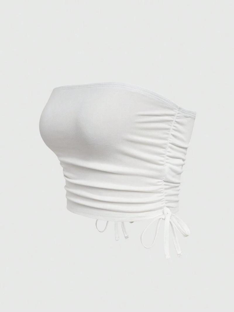 Product Introduction of Women's Minimalist Solid Ruched Drawstring Crop Tube Top, Lady Basic Casual Fit Comfort Backless Sleeveless Short Top for Summer, Ladies Clothes for Daily Wear, White Tube Top, Womenswear 15
