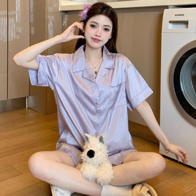 Bộ Đồ Ngủ Lụa Lạnh Dành Cho Nữ, Bộ Áo Ngắn Tay Và Quần Đùi Mỏng Mùa Hè, Bộ Đồ Mặc Ở Nhà Thường Ngày Satin Dệt Twill Hình Người Kiểu Hàn Quốc 6