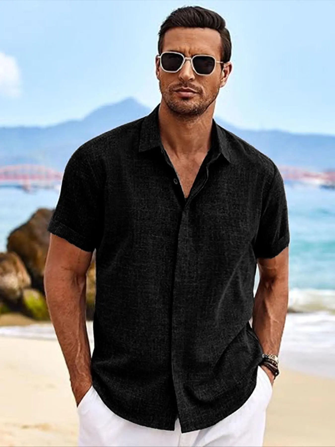 Men's Solid Short Sleeve Shirt, Regular Fit Casual Comfy Top for Summer, Men's Clothes for Beach Vacation