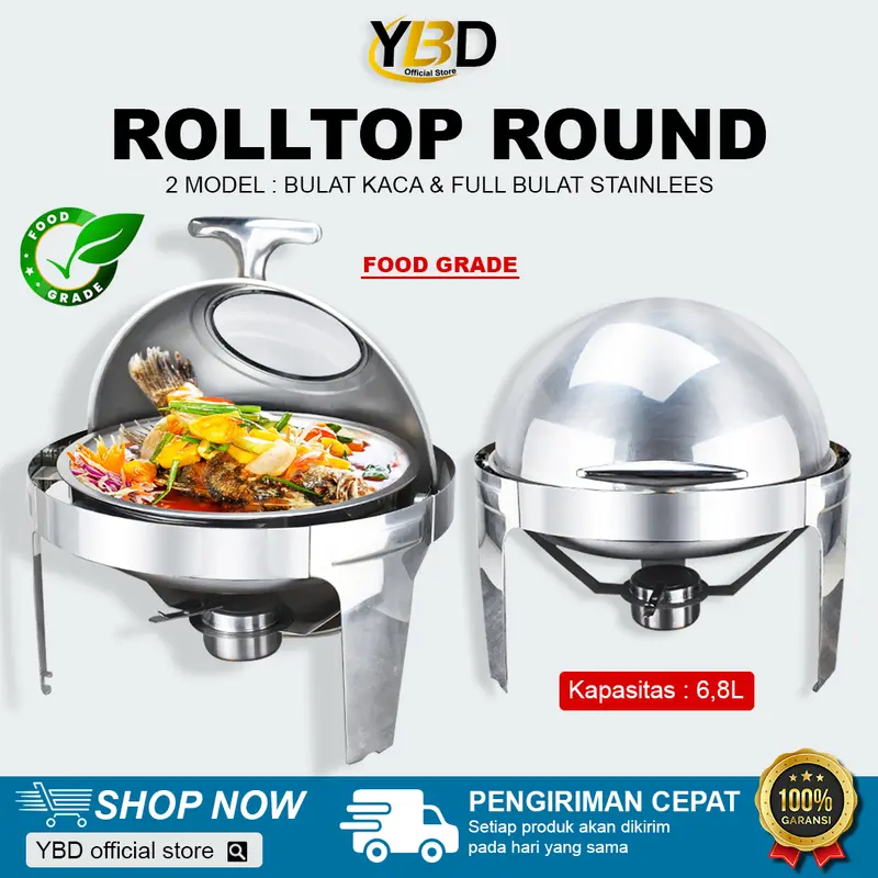 YBD - Prasmanan Roll Top Stainless Steel 6.8 Liter Tutup Stainless & Tutup kaca | Roll top prasmanan bulat Gold & silver | Perlengkapan dapur wadah prasmanan stainless | Tempat makan prasmanan | Roll top wadah makanan peralatan masak Kitchenware 0
