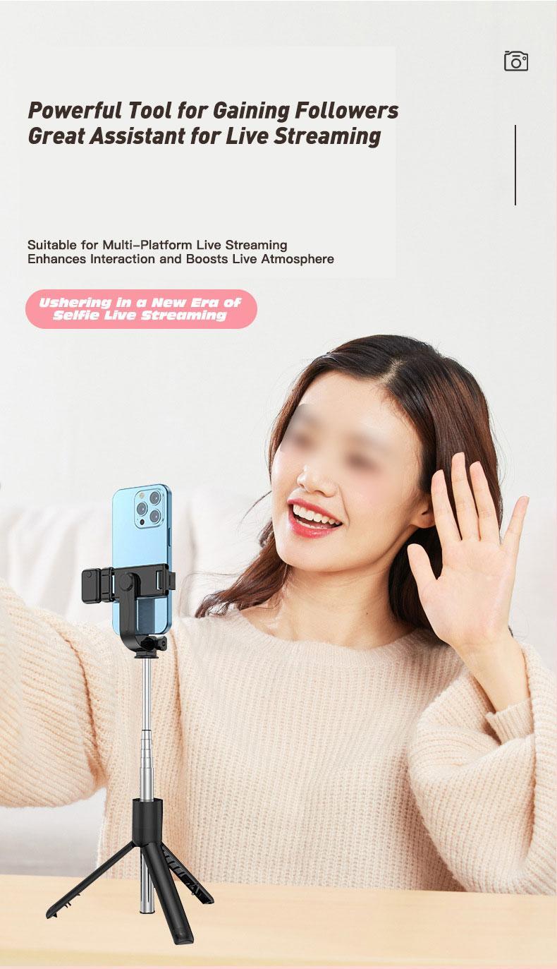 Product Introduction of tripod selfie stick Mobile phone selfie stand wireless bluetooth selfie stick. Handheld telescopic selfie tripod bluetooth remote control non-slip selfie stick Accessory Smartphone Cellphone 2