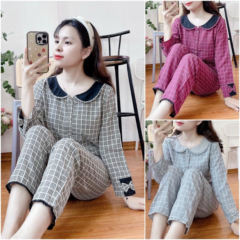 (Châu Jolie)Bộ mặc nhà chất thô kẻ lông mềm cổ sen tay nơ 4 màu mới