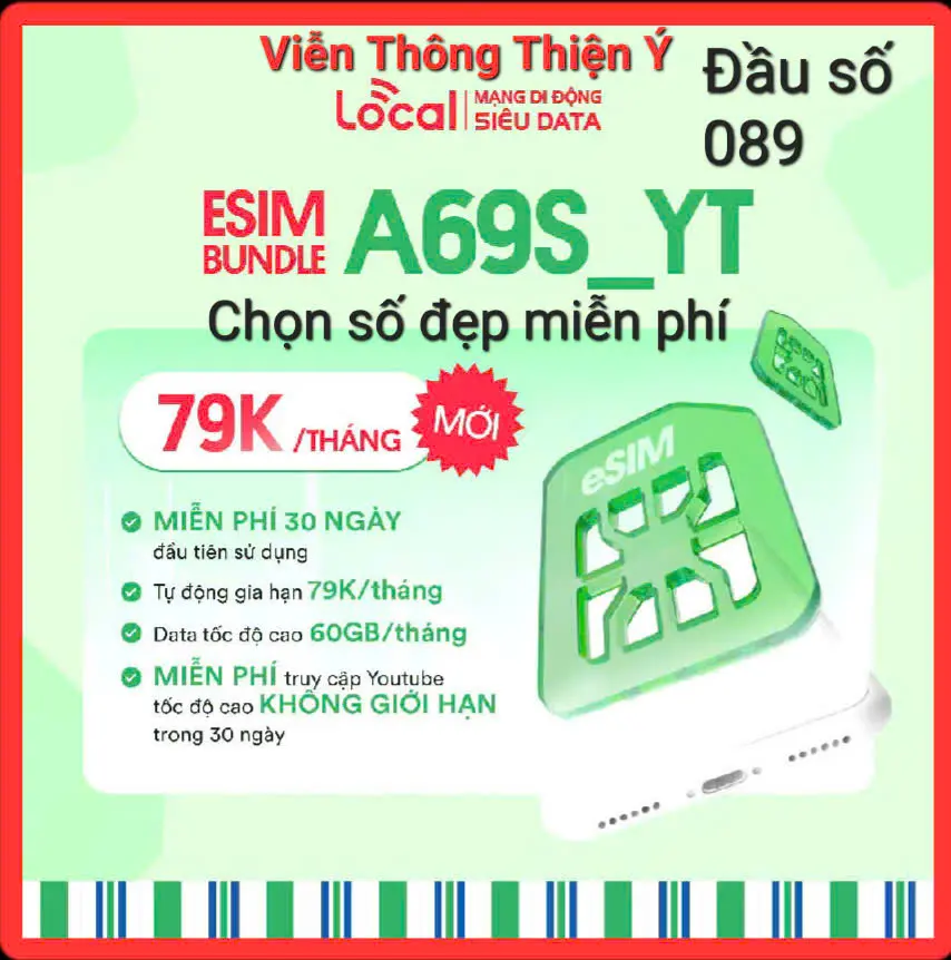Esim 4G Local - Mobifone BUNDLE_A69S_YT - không giới hạn truy câp_YT